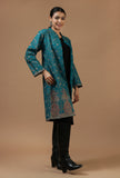 Teal Kashmiri Aari Embroidered Woollen Long Jacket