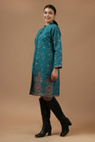 Teal Kashmiri Aari Embroidered Woollen Long Jacket