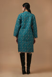 Teal Kashmiri Aari Embroidered Woollen Long Jacket