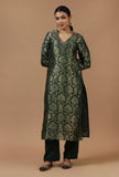 Set of 2: Emerald Green Brocade Kurta with Shantoon Straight Pant Set