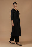 Set of 2: Black Chanderi Booti Tie-Up Kurta with Cotton Straight Pant Set