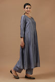Set of 2: Steel Grey Chanderi Pleated Kurta with Matching Pant Set