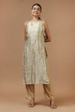 Set of 2: Beige Gold Brocade Tie-Up Top with Shantoon Pant Set