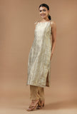 Set of 2: Beige Gold Brocade Tie-Up Top with Shantoon Pant Set
