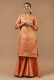 Set of 2: Peach Brocade Kurta & Flared Palazzo Set
