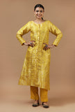 Mustard Floral Brocade Buttoned Kurta
