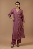 Set of 2: Mauve Checkered Chanderi Kurta with Shantoon Straight Pant Set