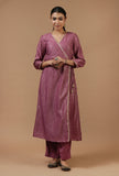 Mauve Checkered Chanderi Wrap Kurta