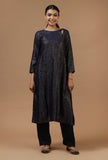 Set of 2: Navy Blue Checkered Chanderi Kurta with Shantoon Straight Pant Set