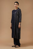 Set of 2: Navy Blue Checkered Chanderi Kurta with Shantoon Straight Pant Set
