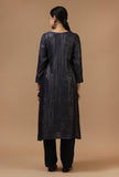 Set of 2: Navy Blue Checkered Chanderi Kurta with Shantoon Straight Pant Set