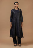 Navy Blue Checkered Chanderi Straight Kurta