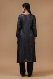 Navy Blue Checkered Chanderi Straight Kurta