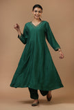 Set of 2: Emerald Green Chanderi Kurta with Shantoon Pant Set