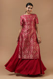 Set of 2: Crimson Red Brocade Chanderi Kurta with Shantoon Flared Skirt Set