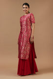 Set of 2: Crimson Red Brocade Chanderi Kurta with Shantoon Flared Skirt Set
