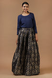 Set of 2: Navy Blue Solid Top with Brocade Flared Skirt Set