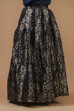 Set of 2: Navy Blue Solid Top with Brocade Flared Skirt Set