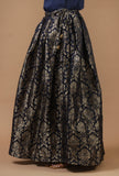 Navy Blue & Gold Woven Brocade Flared Skirt
