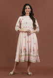 Blush pink floral printed gathered midi dress artisan everyday ethnic on a female model