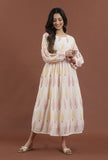 Blush pink leaf printed gathered maxi dress artisan everyday ethnic on a female model
