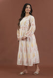 Blush Pink Leaf Printed Gathered Maxi Dress
