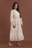 Blush Pink Leaf Printed Gathered Maxi Dress