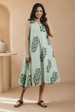 Sage Green Floral Printed Flared Maxi Dress