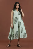 Sage green floral printed flared maxi dress artisan everyday ethnic on a female model