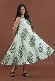 Sage Green Floral Printed Flared Maxi Dress