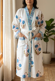 Ivory & Blue Floral Handblock Printed Cotton Kimono