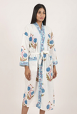 Ivory & Blue Floral Handblock Printed Cotton Kimono