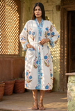 Ivory & Blue Floral Handblock Printed Cotton Kimono