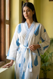 Minimal Indigo Leaf Handblock Printed Cotton Kimono
