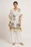White & Yellow Tropical Print Kaftan Dress