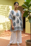 White & Blue Floral Print Kaftan Dress