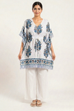 White & Blue Floral Print Kaftan Dress