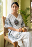 White & Blue Ethnic Print Kaftan Dress
