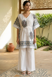 White & Blue Ethnic Print Kaftan Dress