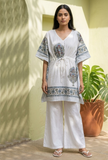 White & Blue Ethnic Print Kaftan Dress