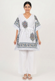 White & Blue Ethnic Print Kaftan Dress