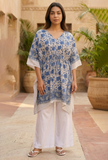 White & Blue Paisley Print Short Kaftan
