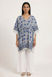 White & Blue Paisley Print Short Kaftan