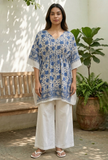 White & Blue Paisley Print Short Kaftan