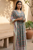 Sage Green Abstract Printed Long Mulmul Kaftan