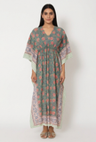 Sage Green Abstract Printed Long Mulmul Kaftan
