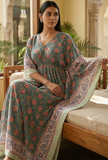 Sage Green Abstract Printed Long Mulmul Kaftan