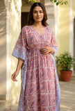 Pink & Beige Hand Block Printed Cotton Kaftan Maxi Dress