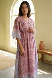 Pink & Beige Hand Block Printed Cotton Kaftan Maxi Dress