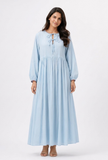 Sky Mist Gathered Cotton Maxi Dress